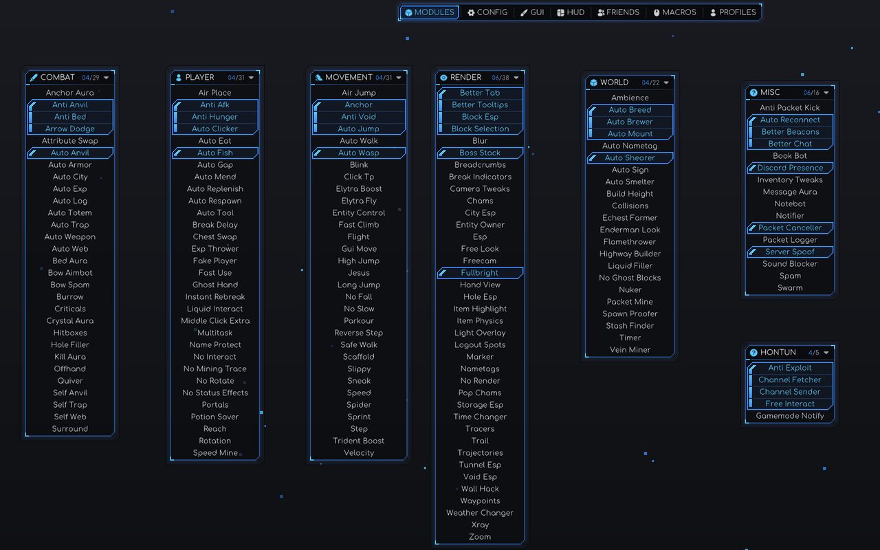 Meteor's ClickGUI in Hontun's HModern2 look: category windows with chamfered corners and blue accent outlines over a dark particle background.