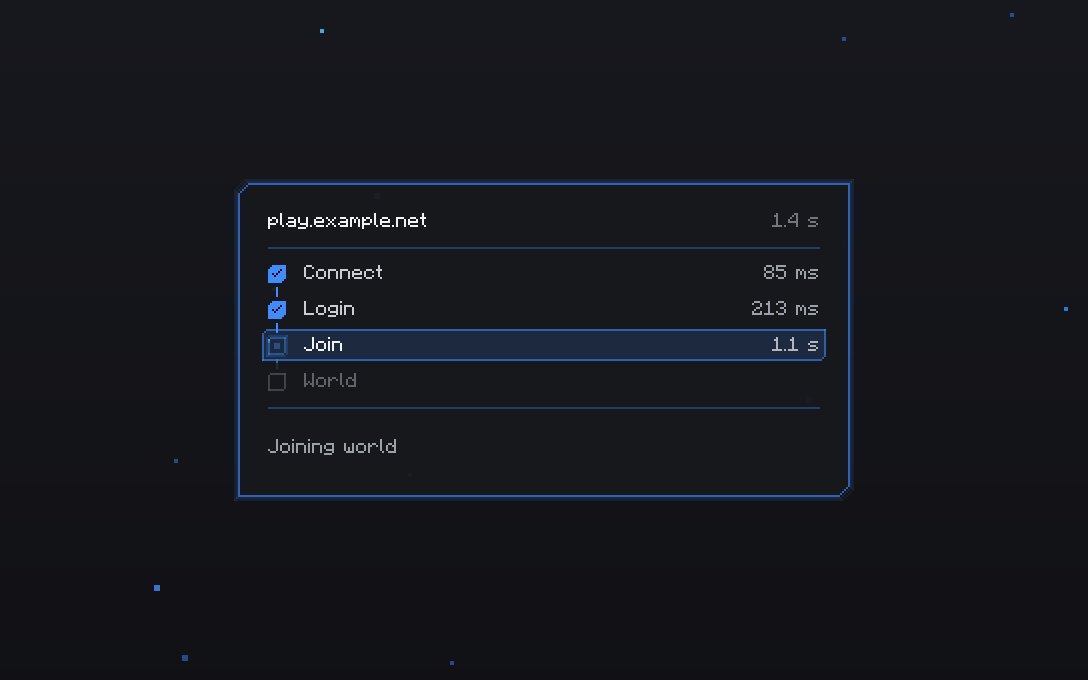 Hontun connect screen while joining play.example.net: Connect 85 ms, Login 213 ms, Join in progress, World pending