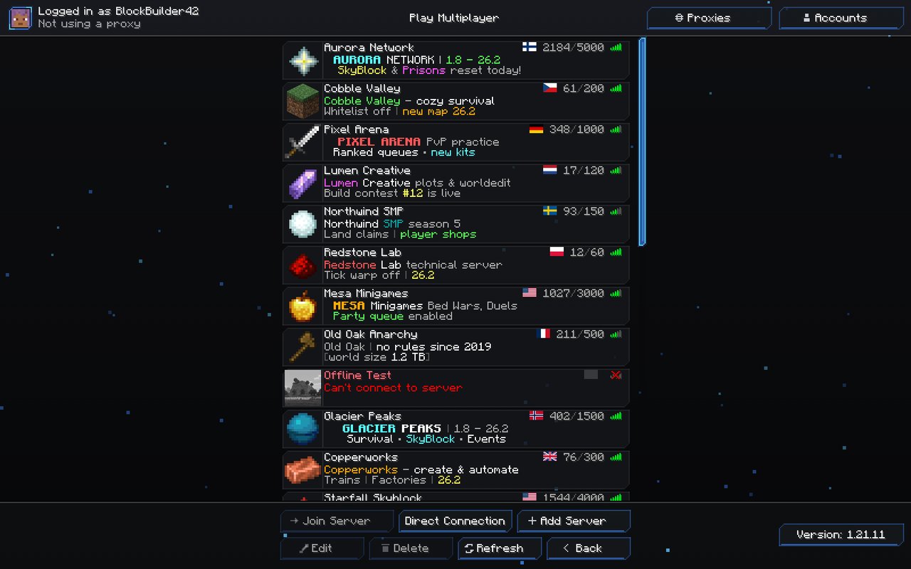 HModern2 multiplayer screen: each server is a card with its icon, one MOTD line, country flag, player count and ping